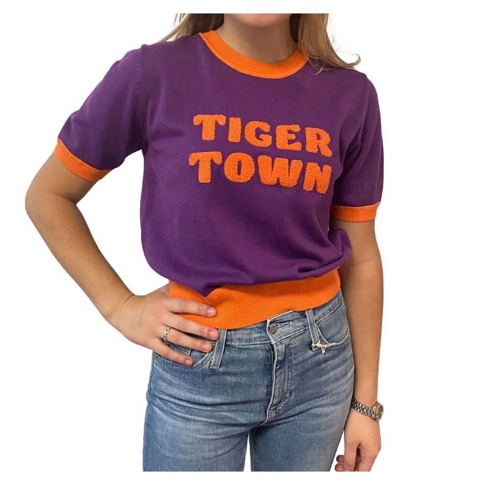 NEW ELLSWORTH + IVEY tiger town short sleeve top in purple & orange